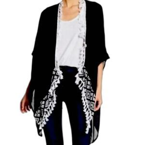 Vince Camuto Black White Embroidered Tasseled Kimono Coverup One Size